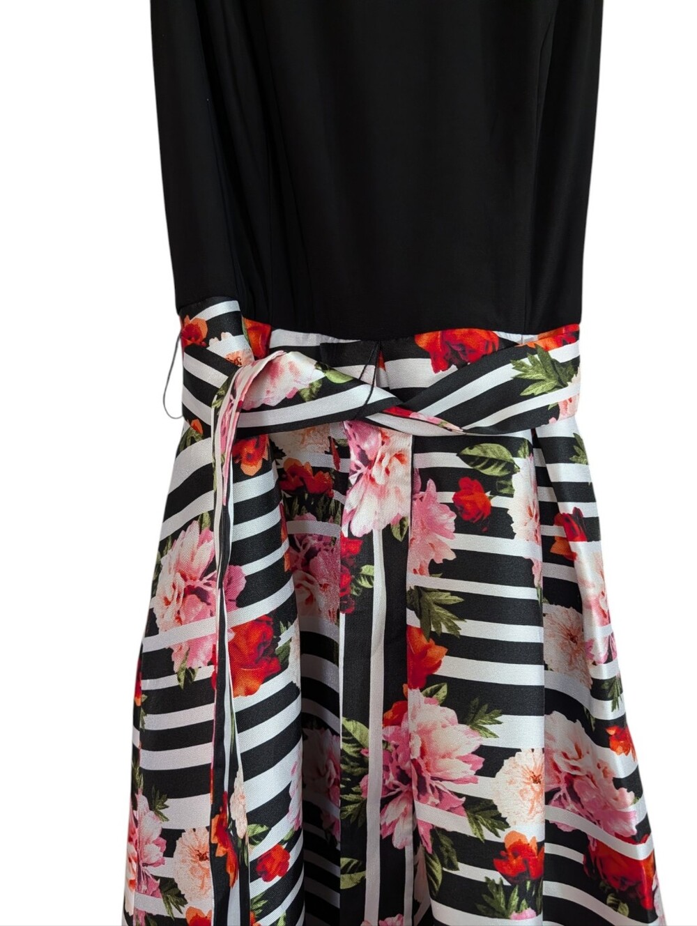 SLNY Floral Stripe Fit & Flare Midi Dress Size 14 Sleeveless Belted Occasion - Picture 4 of 10